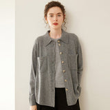 Womens Cashmere Shirt Cashmere Cardigan Button-Up Collared Sweater Gray XS