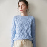 Womens Cashmere Sweater Cable Knit Cashmere Pullover Ribbed Crew Neckline Blue XS