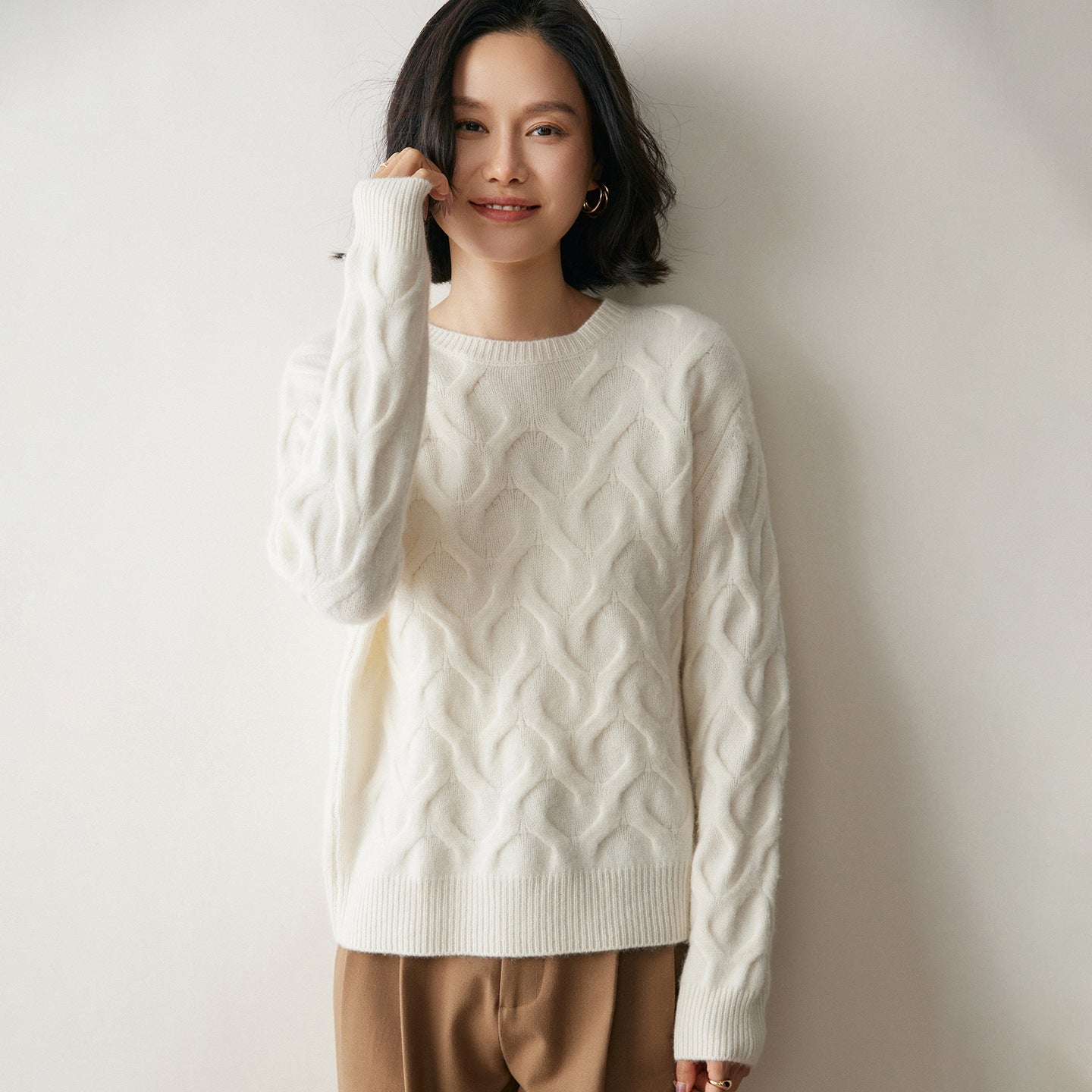 Womens Cashmere Sweater Cable Knit Cashmere Pullover Ribbed Crew Neckline Ivory XS