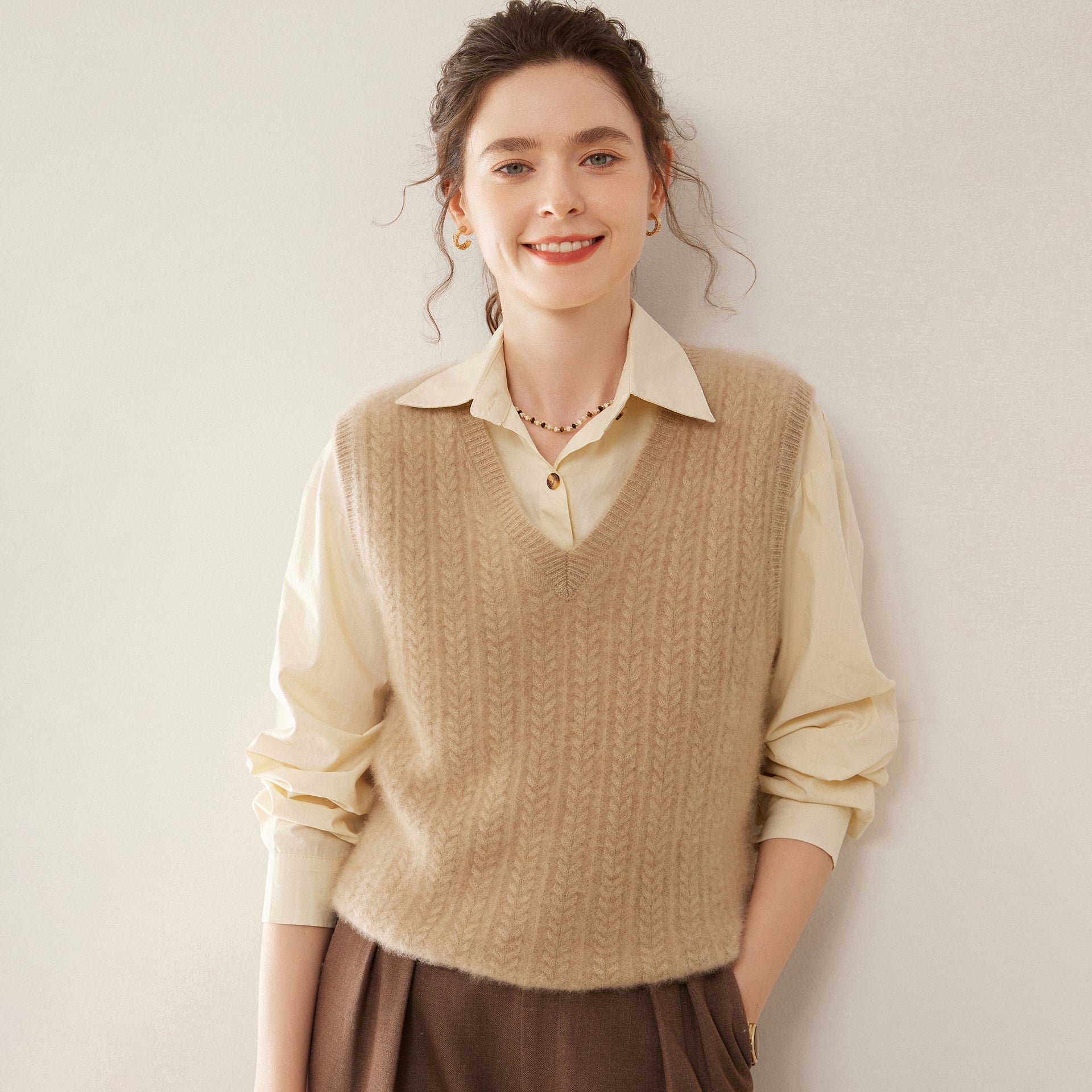 Womens Cashmere Sweater Cashmere Vest V Neck Cable Knit Sleeveless Pullover Camel XS