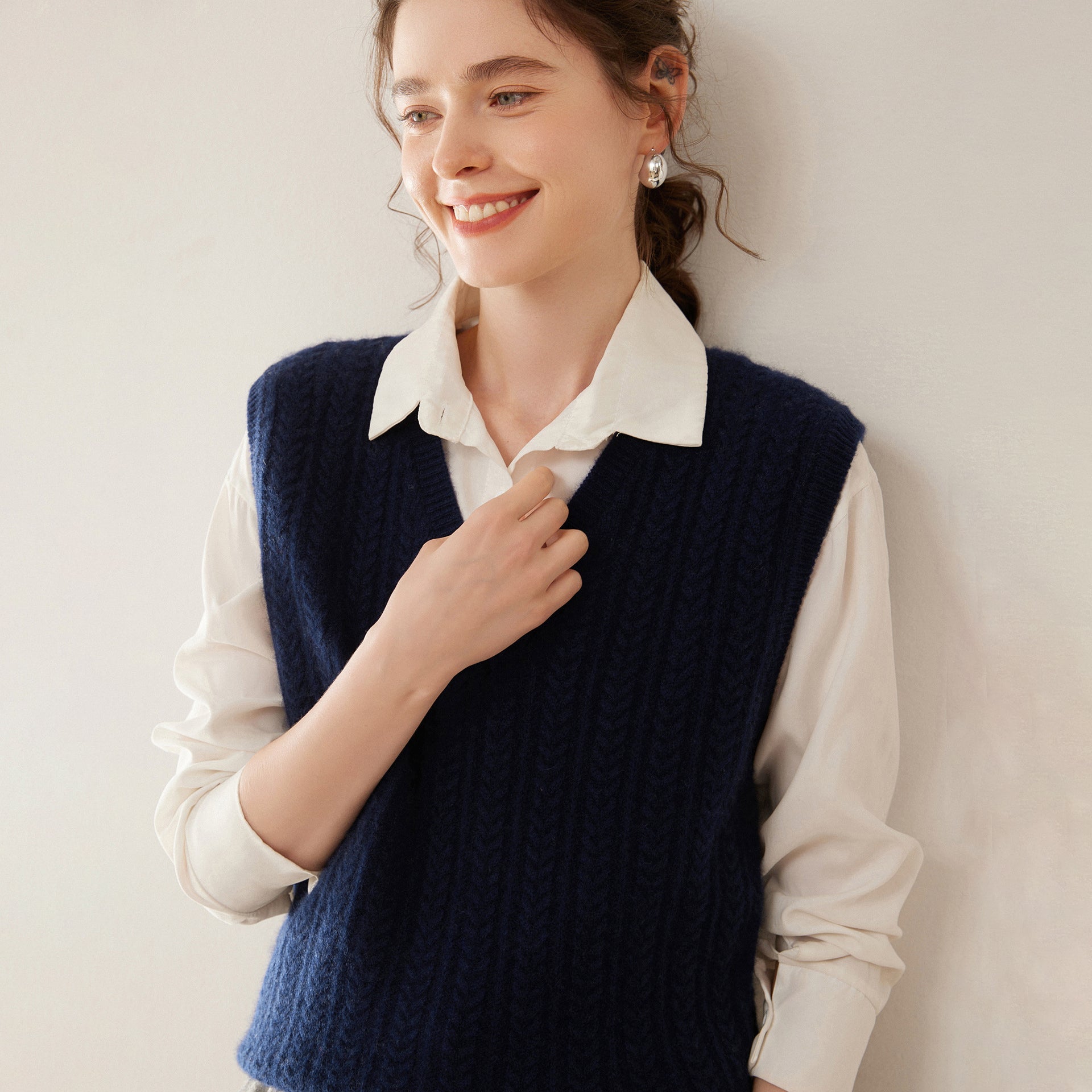 Womens Cashmere Sweater Cashmere Vest V Neck Cable Knit Sleeveless Pullover Navy Blue XS