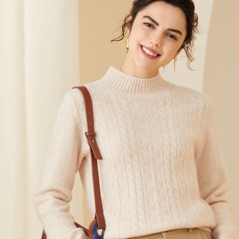 Women's Cashmere Sweater Warm Mock Neck Long Sleeve Cashmere Sweater Ivory XS