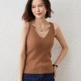 Womens Cashmere Tank Top V Necked Collar Casual Cashmere Tops Camel XS