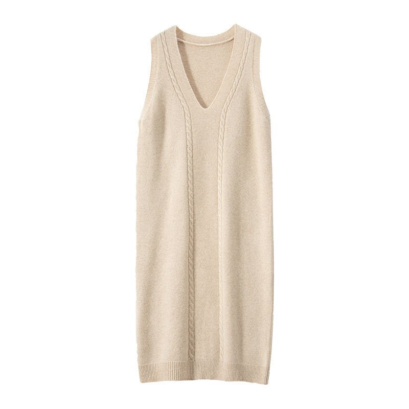 Womens Cashmere Vest Dress V Neck Cable Knit Sleeveless Cashmere Midi Dress Beige XS