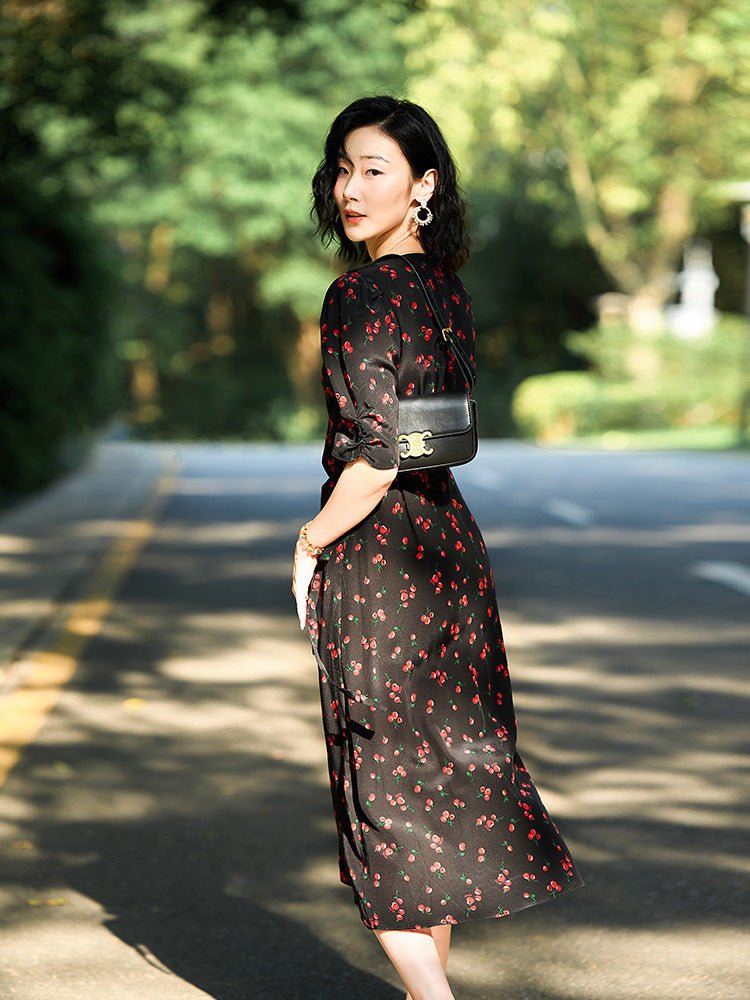 Womens Cherry Print Silk Dress One Piece Silk Wrap Dress Silk Midi Dress