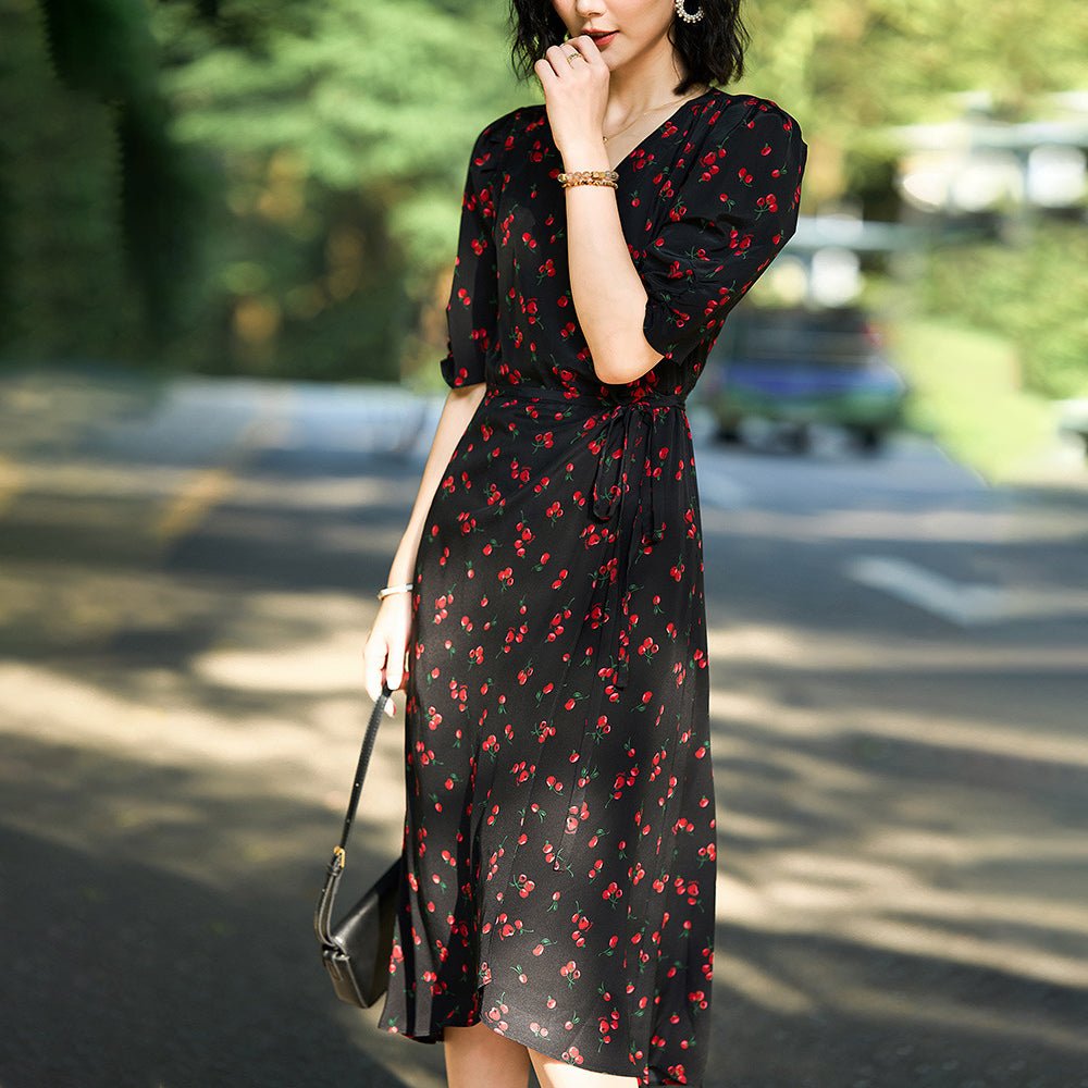 Womens Cherry Print Silk Dress One Piece Silk Wrap Dress Silk Midi Dress