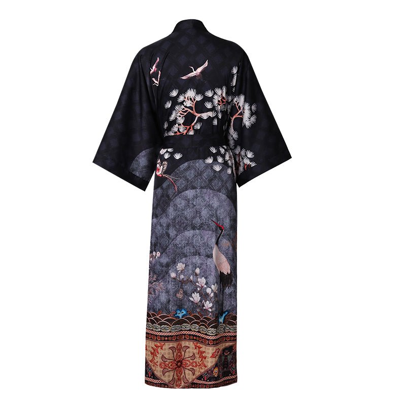Women's Cranes Print Silk Kimono Robe Blossoms Silk Robe