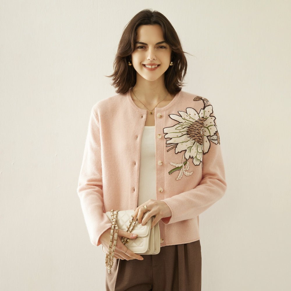 Womens Floral Embroidered Cashmere Cardigan Crew Neck Sunflower Coat