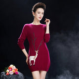 Womens Crew Neck Cashmere Sweater Dress with Deer Embroidery
