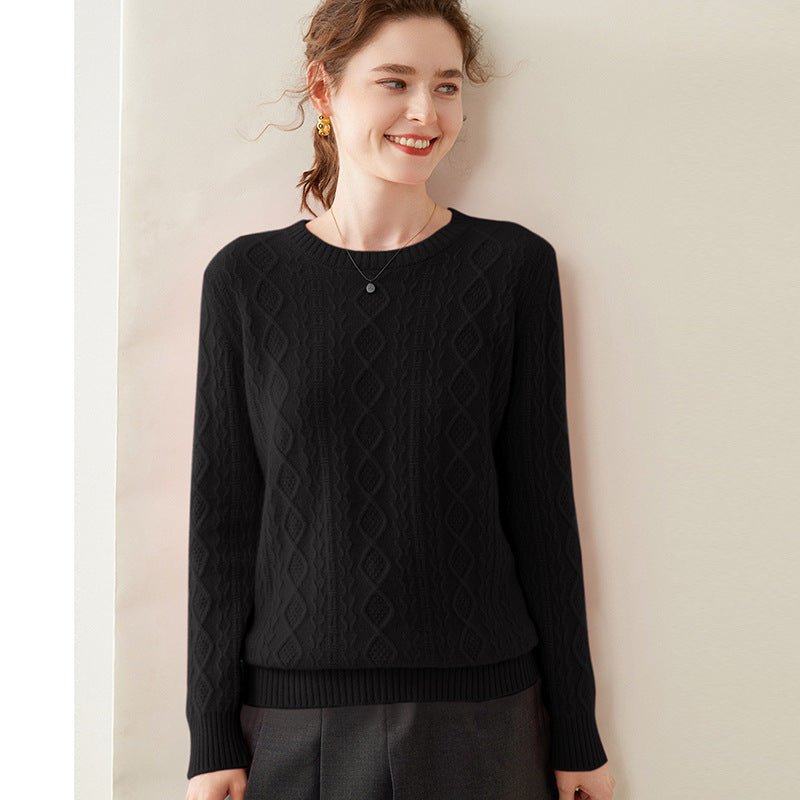 Womens Diamond Knit Cashmere Sweater Long Sleeve Crew Neck Cashmere Pullover Black XS