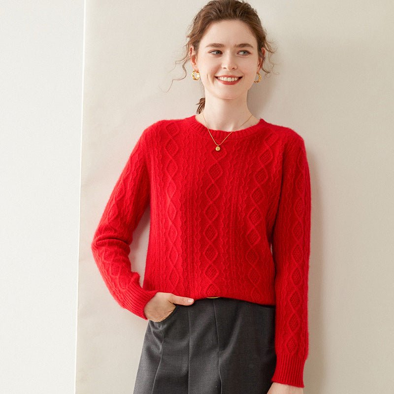 Womens Diamond Knit Cashmere Sweater Long Sleeve Crew Neck Cashmere Pullover Red XS