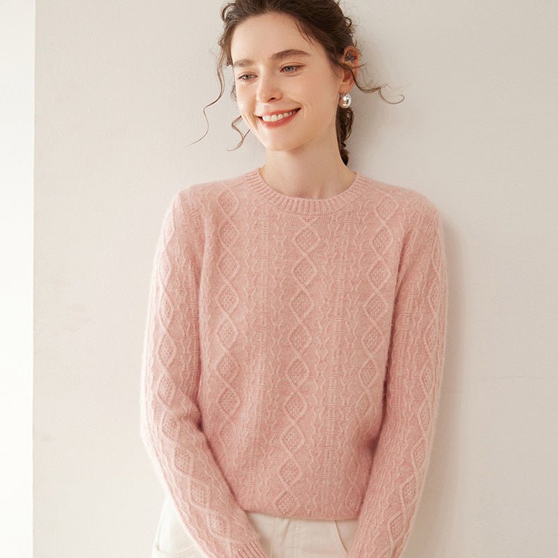 Womens Diamond Knit Cashmere Sweater Long Sleeve Crew Neck Cashmere Pullover Light Pink XS