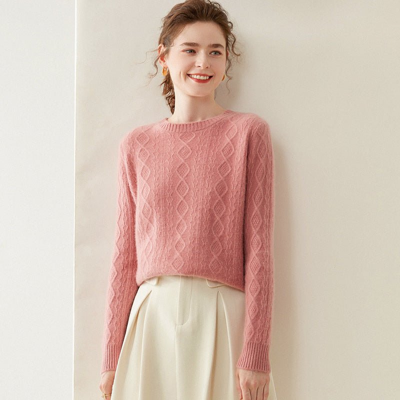 Womens Diamond Knit Cashmere Sweater Long Sleeve Crew Neck Cashmere Pullover Pink XS