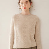 Womens Diamond Knit Cashmere Sweater Long Sleeve Crew Neck Cashmere Pullover Light Camel XS