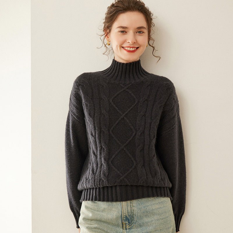 Womens Diamond Knit Cashmere Sweater Turtleneck Cashmere Pullover Gray XS
