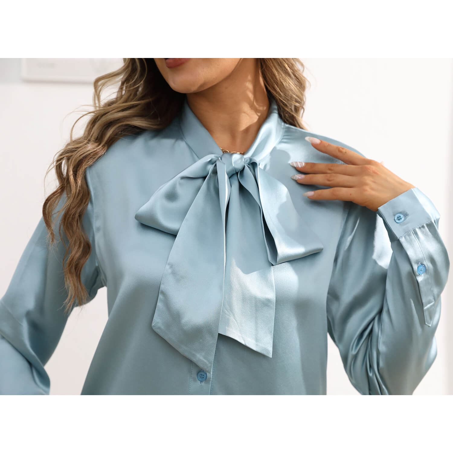 Womens Silk Blouse Long Sleeve Bow - tie Neck Silk Shirts
