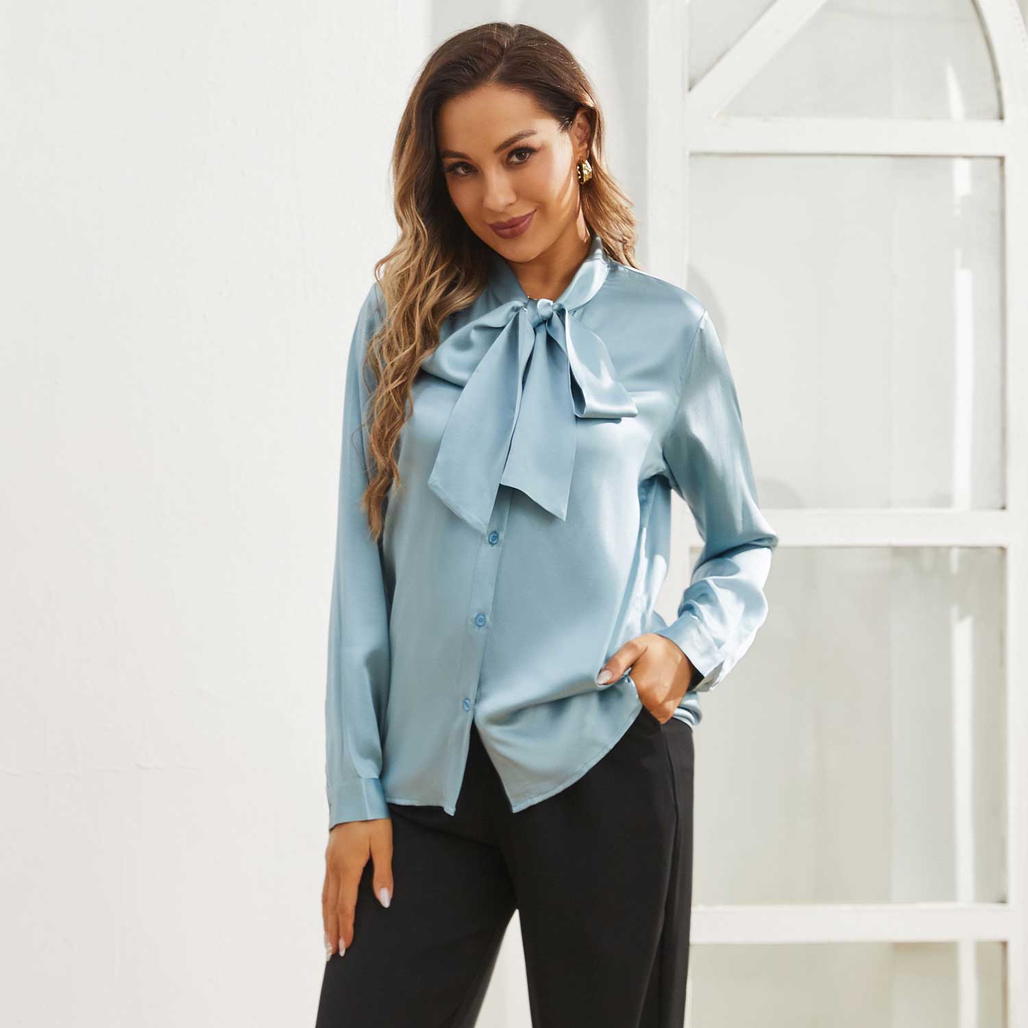 Womens Silk Blouse Long Sleeve Bow - tie Neck Silk Shirts