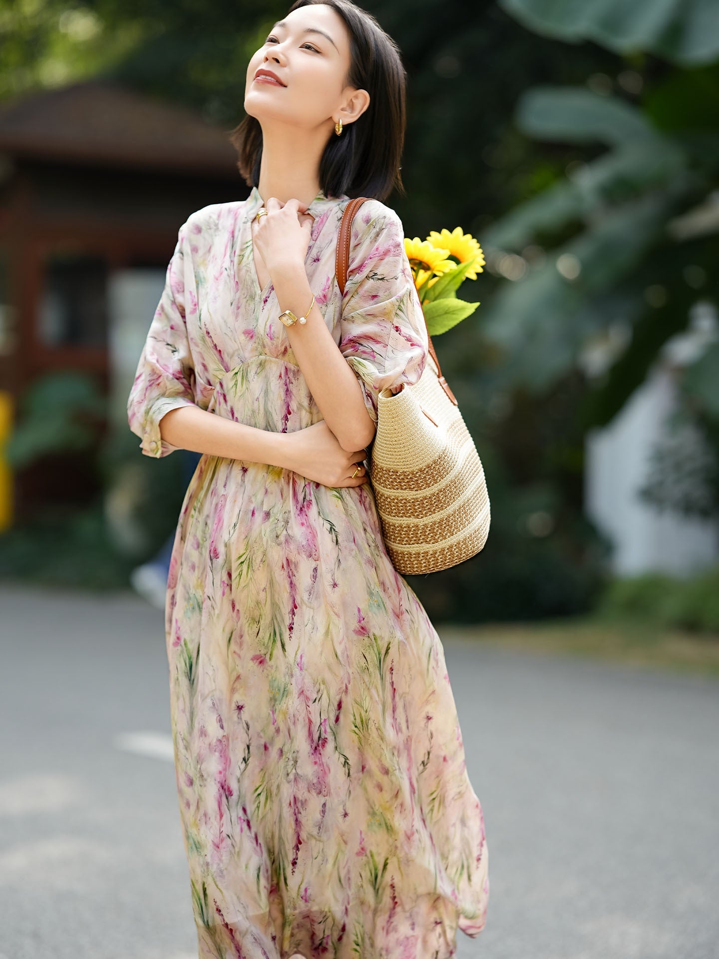 Womens Empire Waist Silk Floral Dress Flowing Sleeve Silk Maxi Dress Pink XS