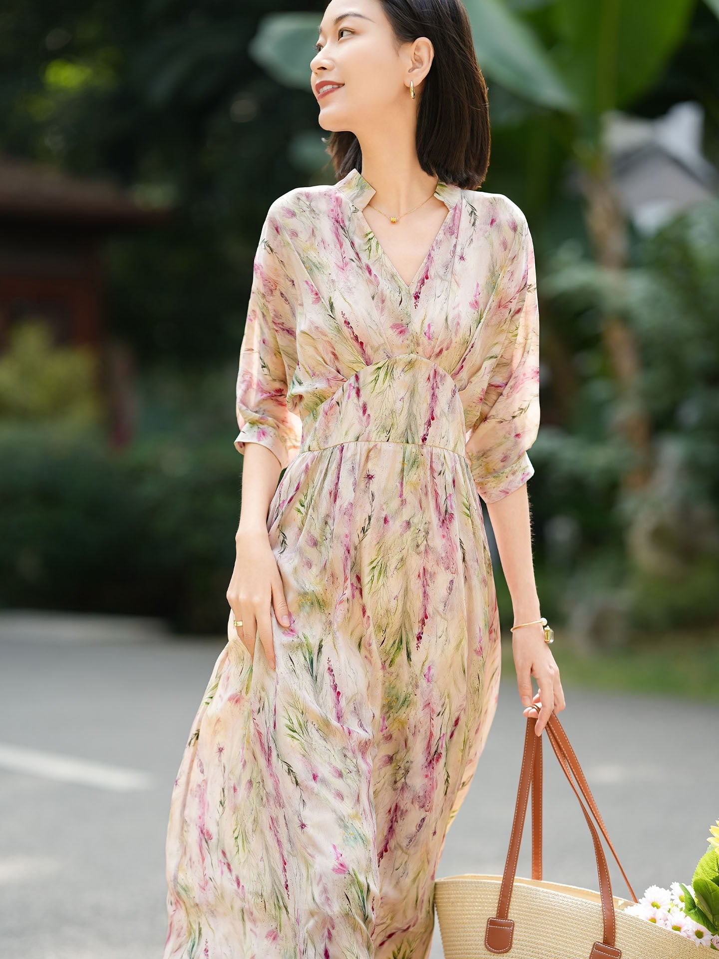 Womens Empire Waist Silk Floral Dress Flowing Sleeve Silk Maxi Dress Pink XS