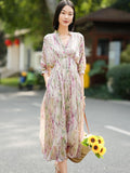 Womens Empire Waist Silk Floral Dress Flowing Sleeve Silk Maxi Dress Pink XS