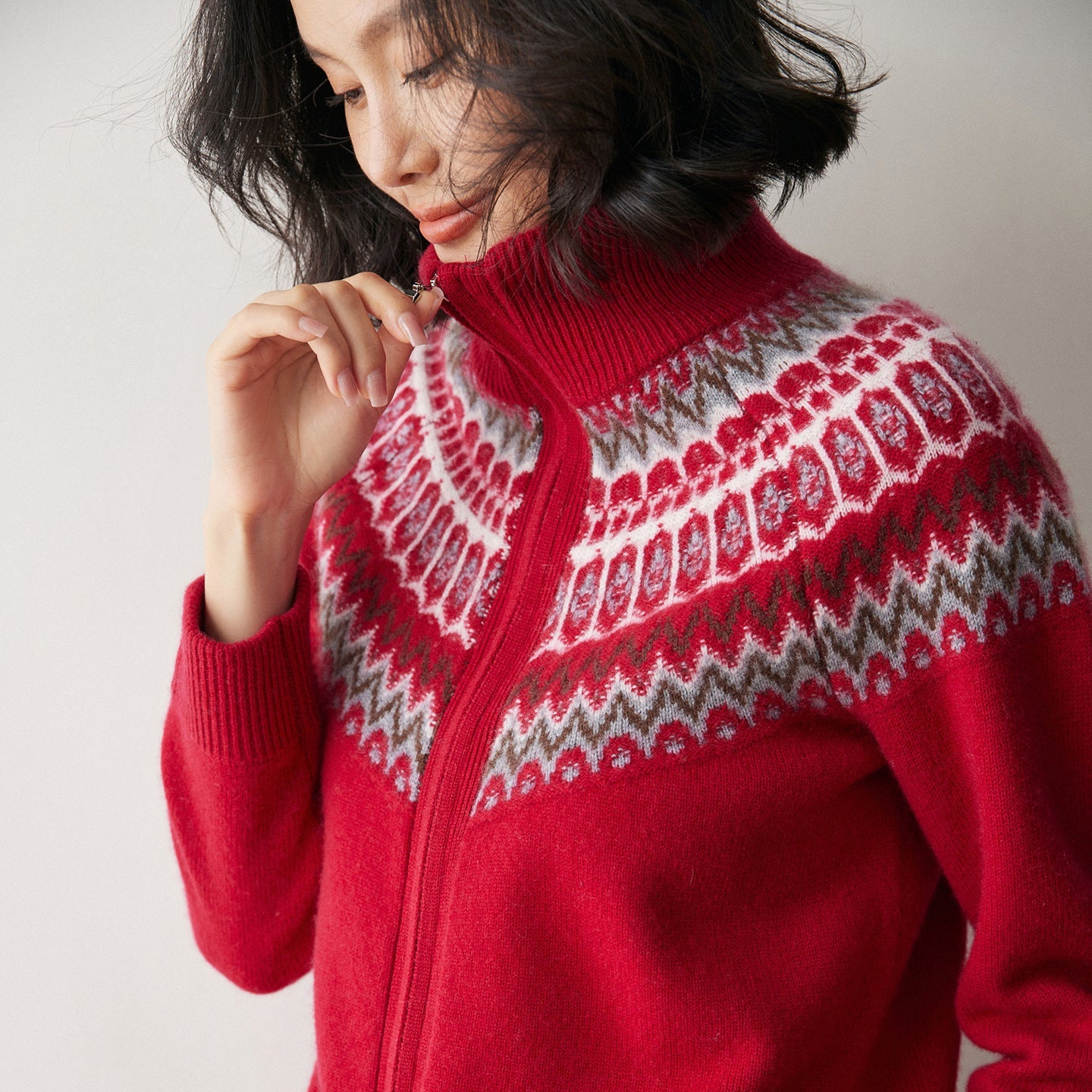 Womens Fair Isle Cashmere Cardigan Full Zip Mock Neck Cashmere Sweater Blue XS