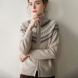 Womens Fair Isle Cashmere Cardigan Full Zip Mock Neck Cashmere Sweater Oatmeal XS