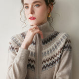Womens Fair Isle Cashmere Cardigan Full Zip Mock Neck Cashmere Sweater Oatmeal XS