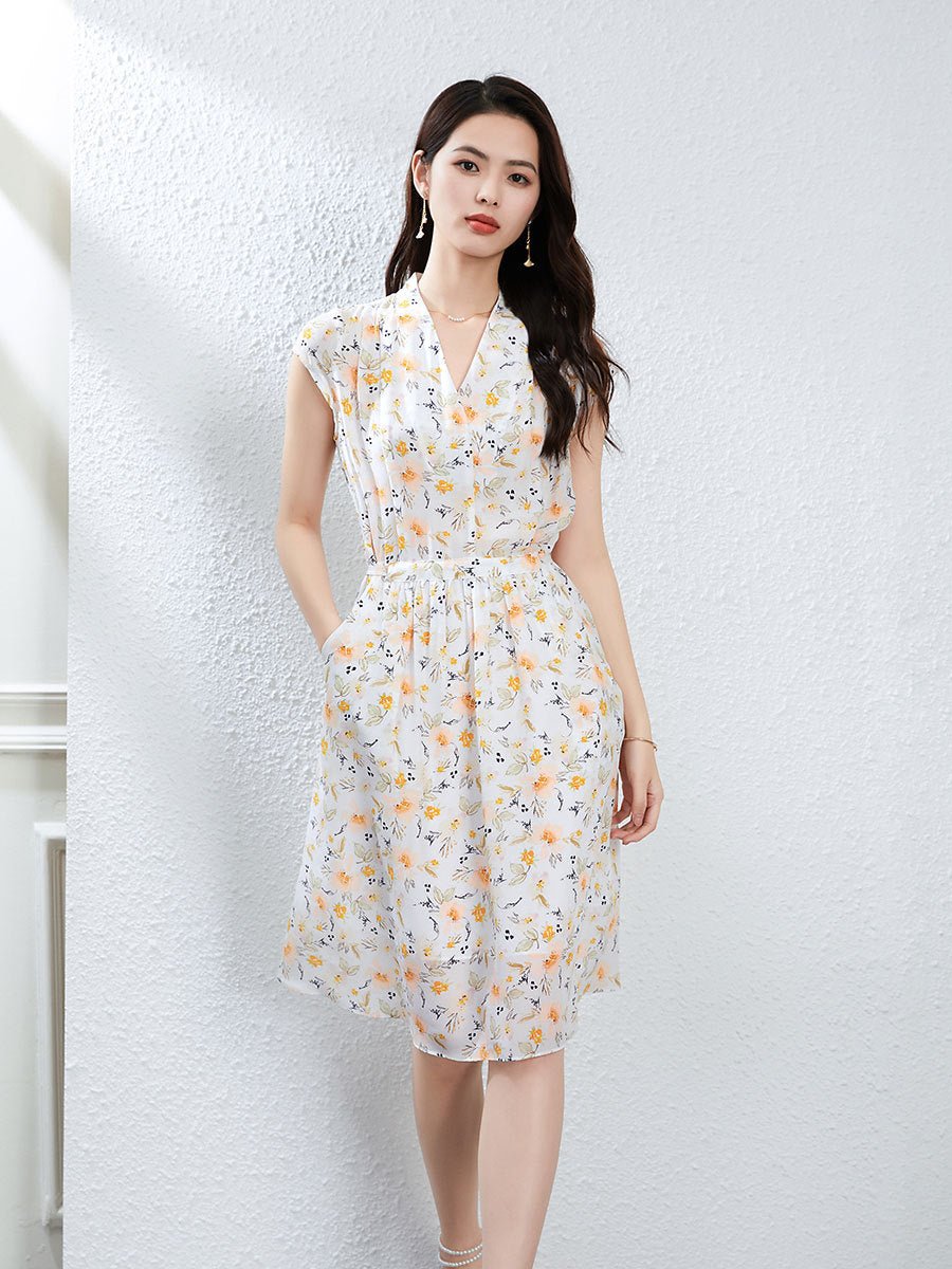 Womens Floral Silk Dress with Drawstring Waist Cap Sleeve Silk Midi Dress Ivory XS