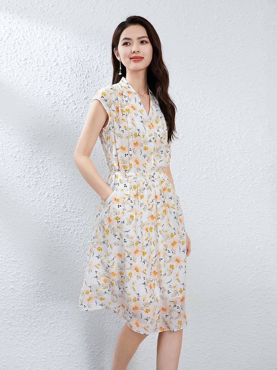Womens Floral Silk Dress with Drawstring Waist Cap Sleeve Silk Midi Dress Ivory XS