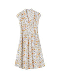 Womens Floral Silk Dress with Drawstring Waist Cap Sleeve Silk Midi Dress Ivory XS