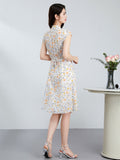 Womens Floral Silk Dress with Drawstring Waist Cap Sleeve Silk Midi Dress Ivory XS