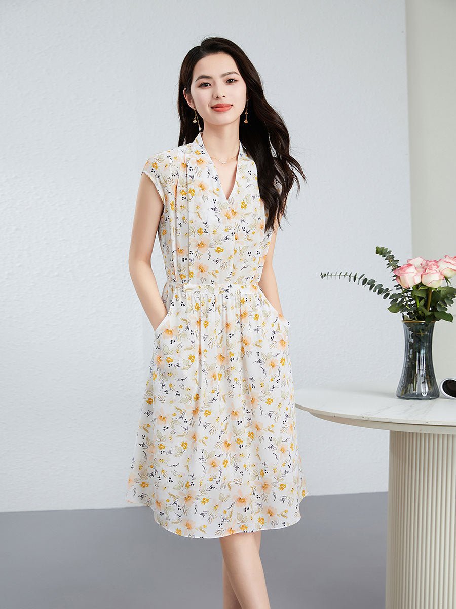Womens Floral Silk Dress with Drawstring Waist Cap Sleeve Silk Midi Dress Ivory XS