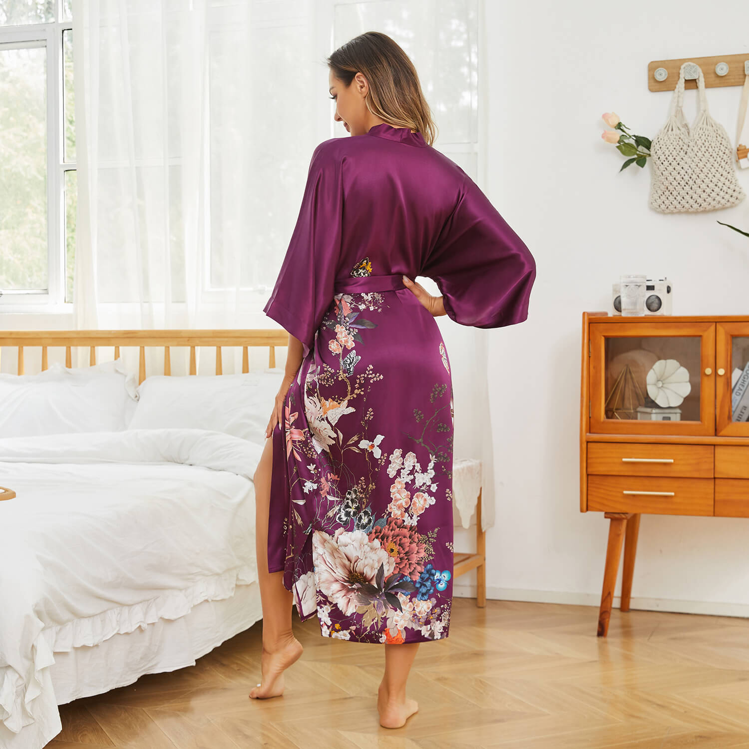 Women's Full Length Floral Print Silk Kimono Robes