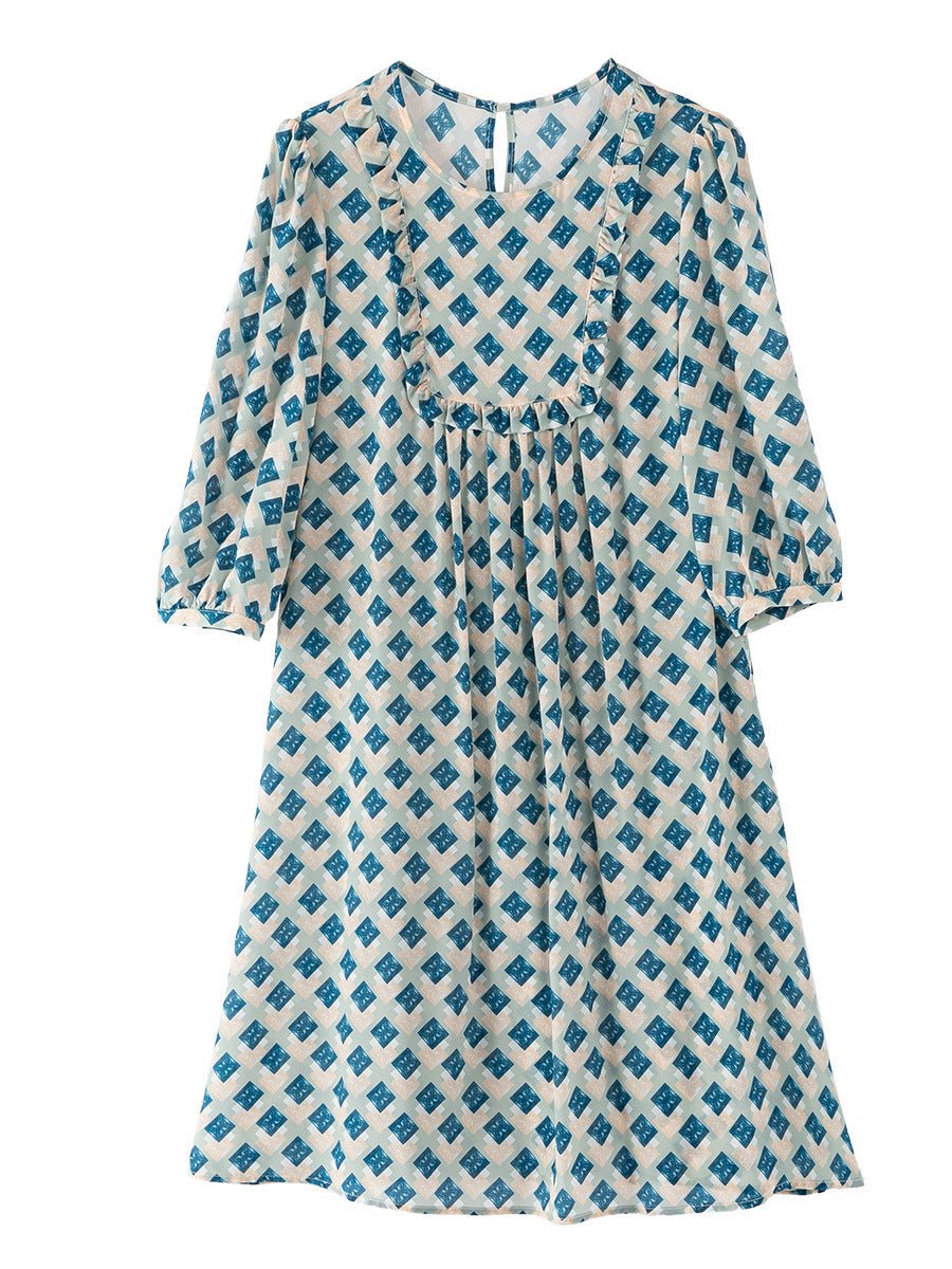 Womens Geometric Print Silk Mini Dress with Ruffle Detail