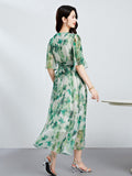 Womens Green Silk Chiffon Dress Silk Maxi Dress Silk Floral Dress Green XS