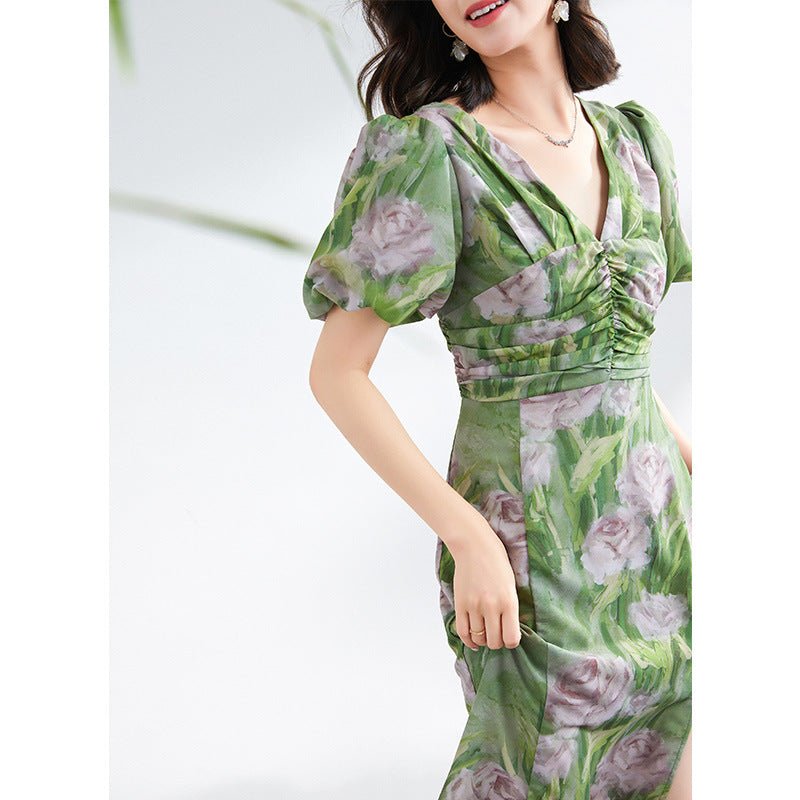Womens Green Silk Floral Ruched Maxi Dress Slit Silk Dresses