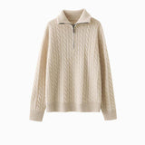 Womens Half-Zip Cable Knit Pure Cashmere Sweater Collared Cashmere Pullover Camel XS
