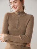 Womens Half-Zip Cashmere Sweater Mock Neck Ribbed Cashmere Pullover Taupe XS