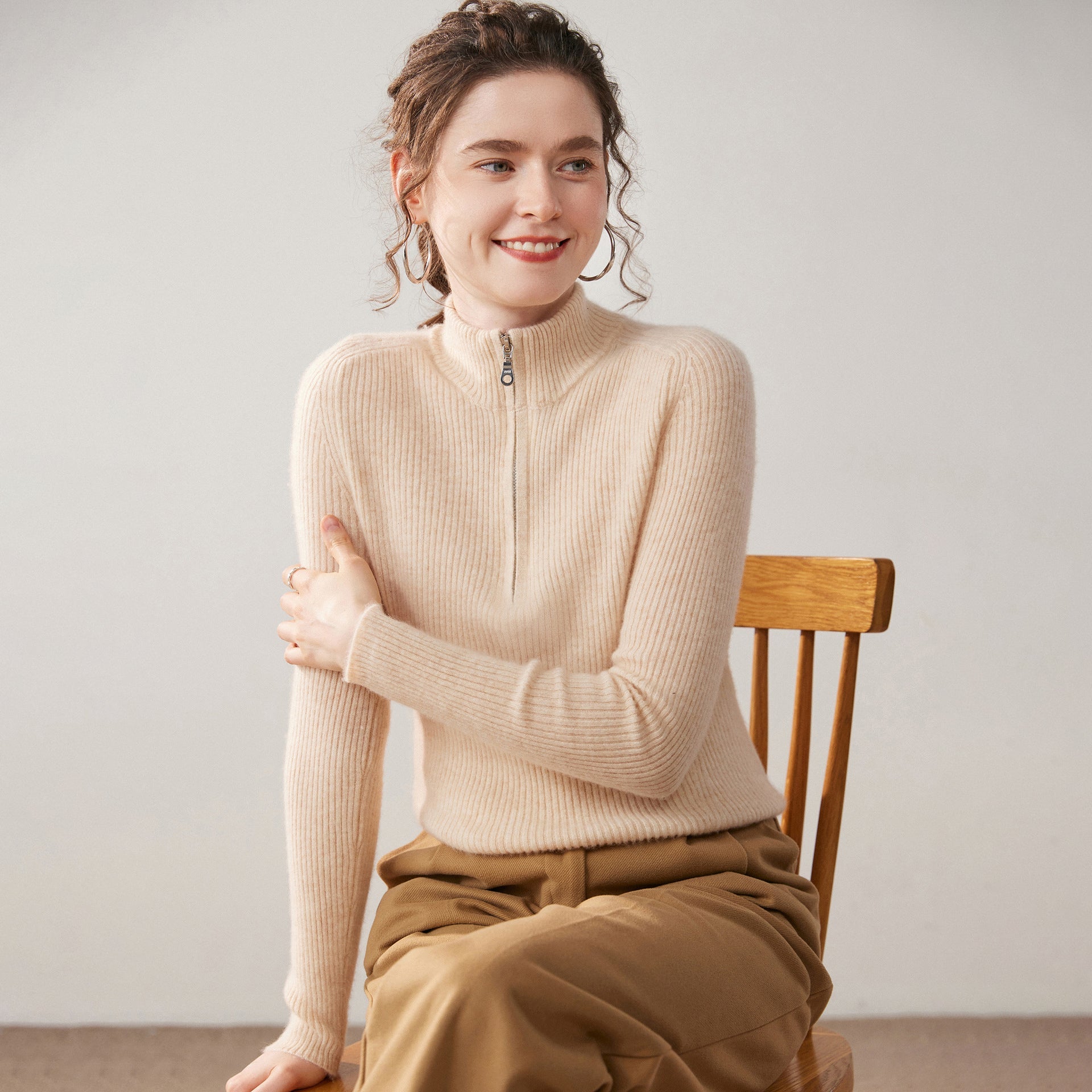 Womens Half-Zip Cashmere Sweater Mock Neck Ribbed Cashmere Pullover Beige XS