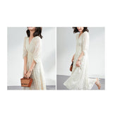 Womens Jacquard Lace Silk Maxi Dress Long Sleeve Silk Dress