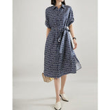 Womens Key Print Silk Shirt Dress Belted Silk Midi Dress Navy Blue XS