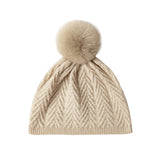 Womens Knitted Cashmere Beanie with Fur Pom Warm Pure Cashmere Hats Multi Colors