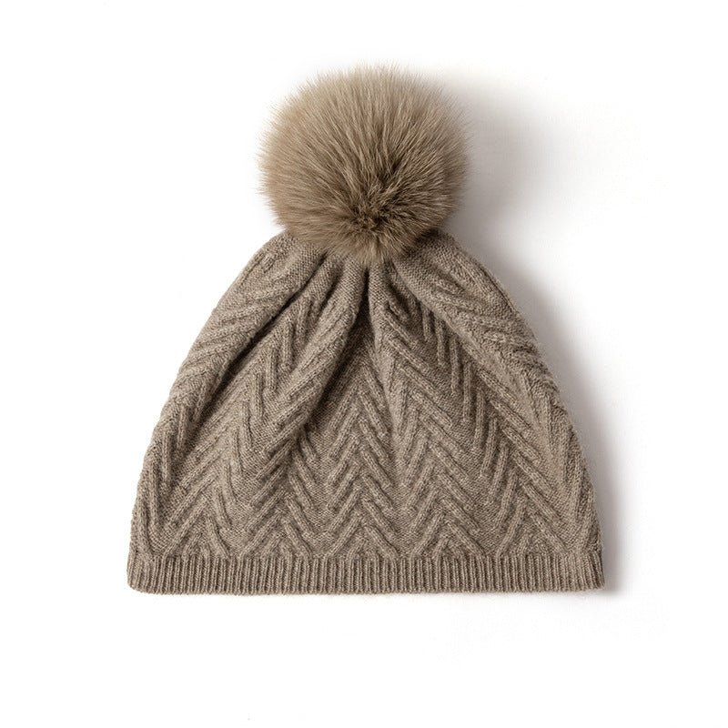 Womens Knitted Cashmere Beanie with Fur Pom Warm Pure Cashmere Hats Multi Colors