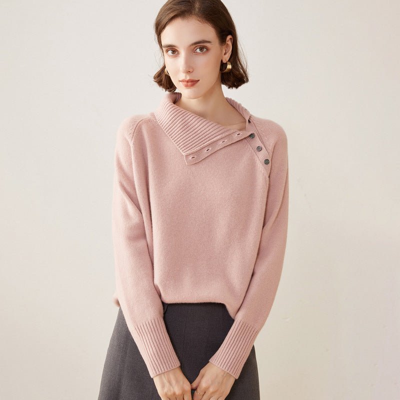 Lady Asymmetrical Buttoned Collar Cashmere Sweater Cashmere Pullover