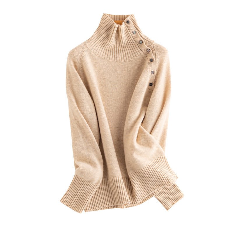 Lady Asymmetrical Buttoned Collar Cashmere Sweater Cashmere Pullover