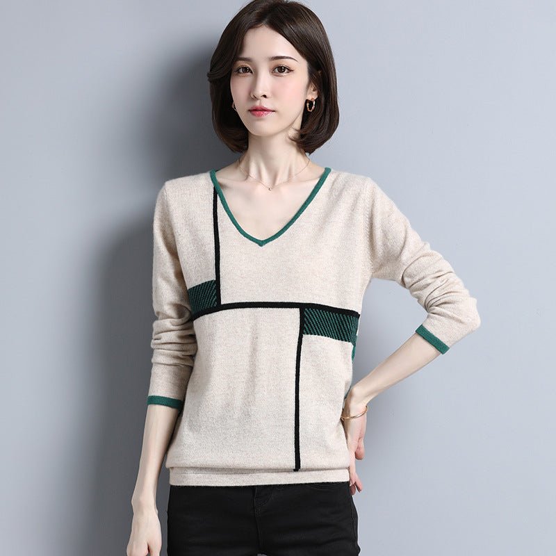 Womens Geometric Pattern V - Neck Long Sleeve Cashmere Sweater