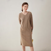 Womens Cashmere Knit Midi Dress Long Sleeve V Neck Straight - cut Dress