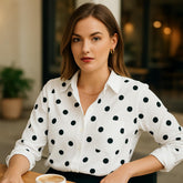 Womens Long Sleeve Silk Shirt Polka Dot Button - Up Silk Blouse Ivory XS