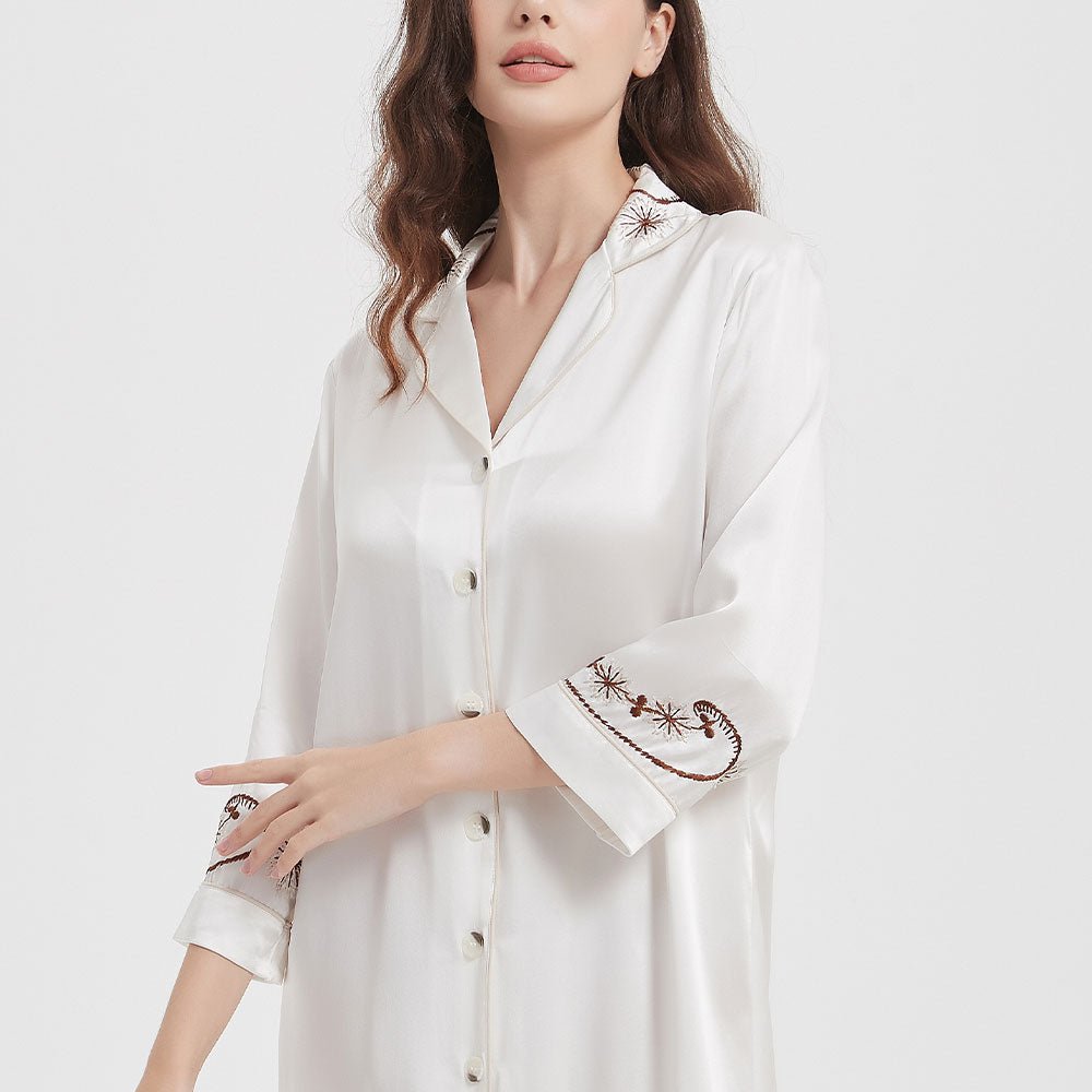 Women's Long Sleeves 100% Silk Nightshirts With Embroidery
