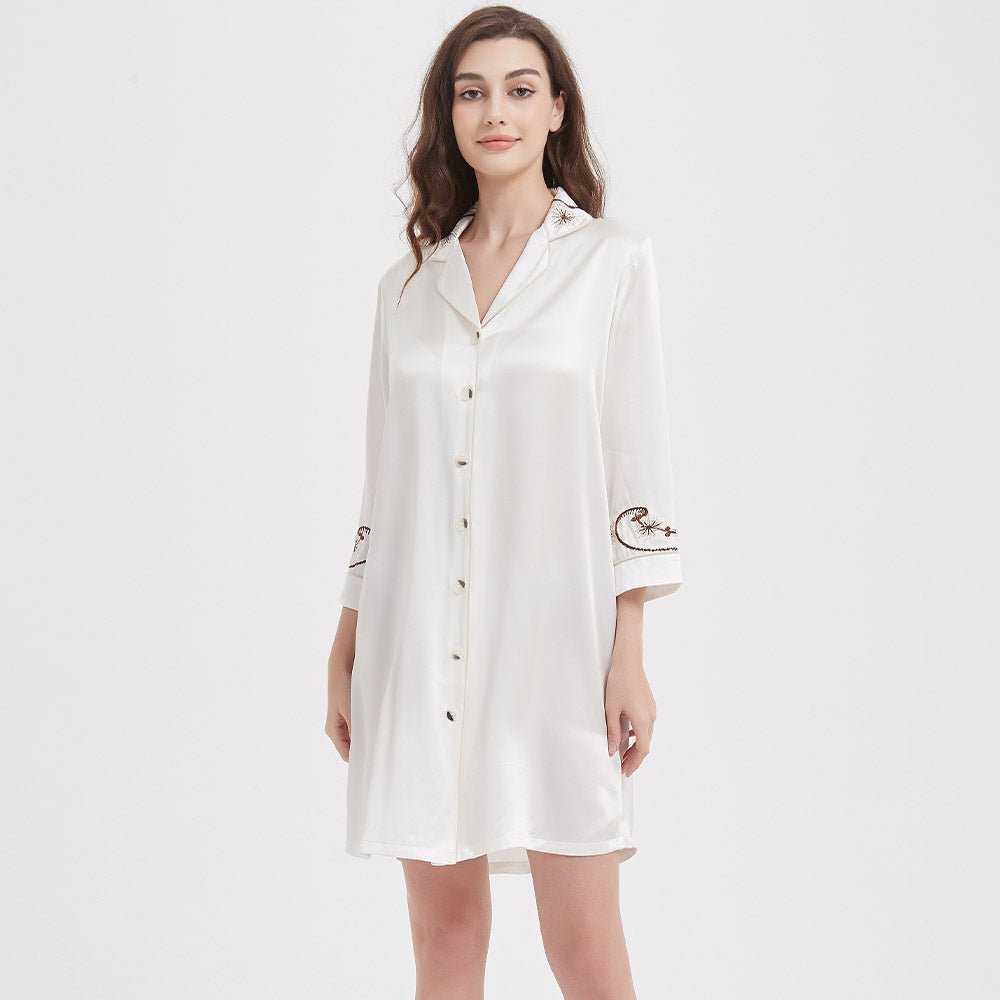 Women's Long Sleeves 100% Silk Nightshirts With Embroidery
